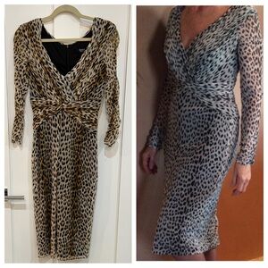 Tadashi Shoji 🐆 Mesh Leopard Cheetah V Neck Long Sleeve Midi Cocktail Dress L